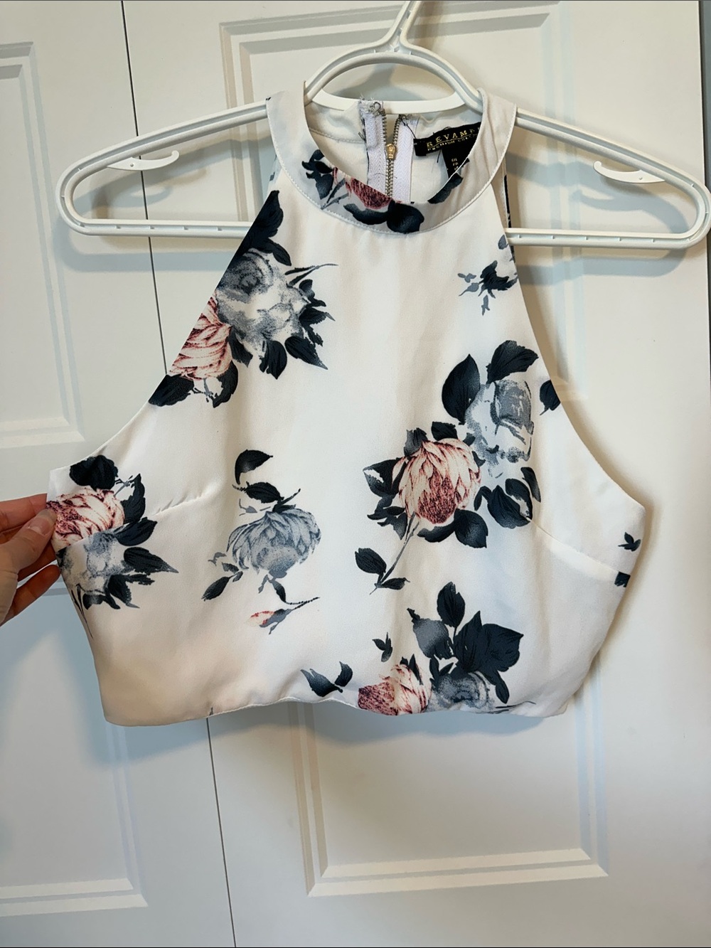 Urban Planet White Floral High-Neck Crop Top with Black and Blush Prints